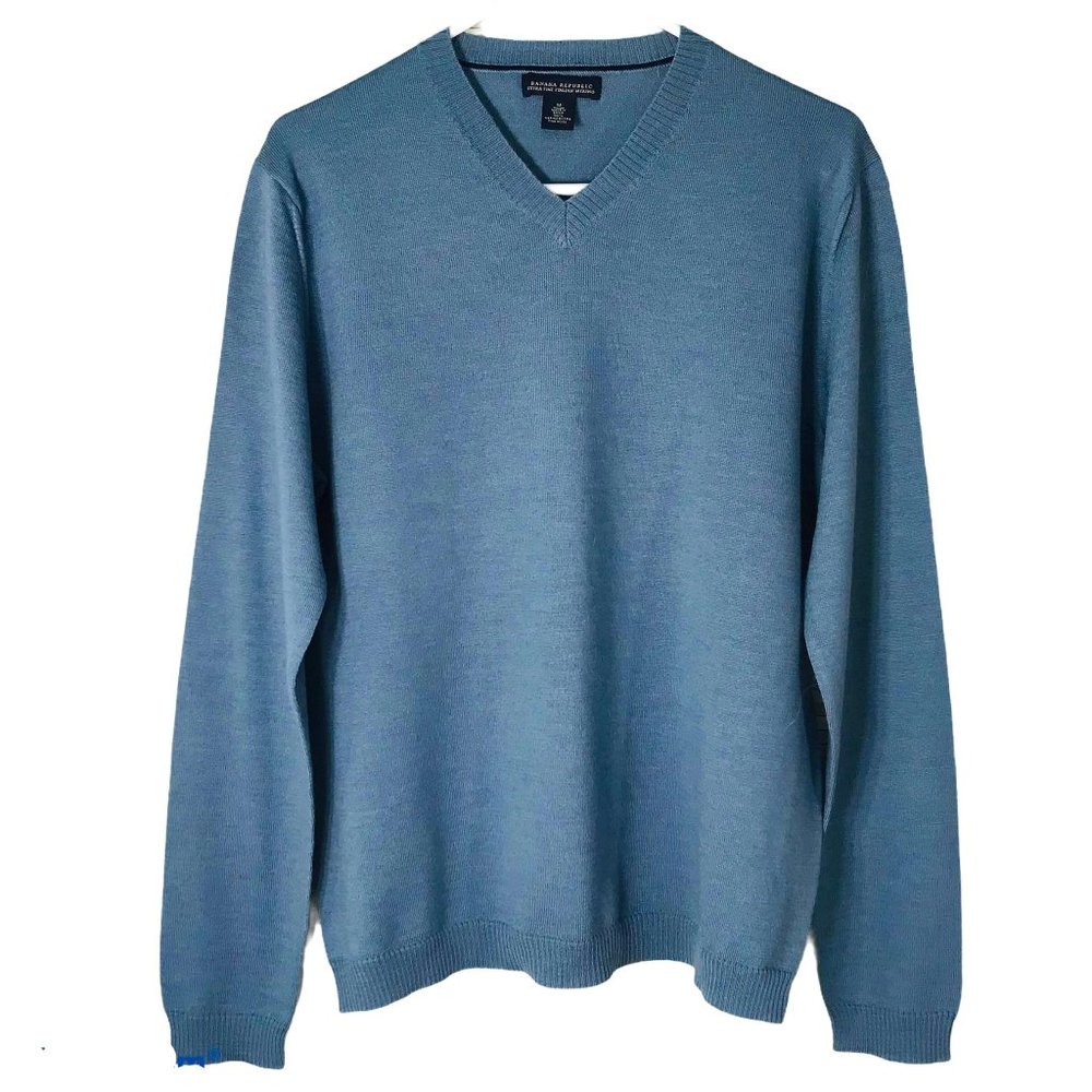 Blue Merino M Wool V Neck Pullover Sweater Banana Republic Preppy Classic Golf